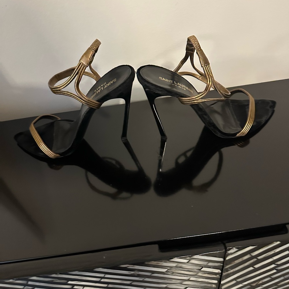 Saint Laurent Black and Gold Strappy Heels - Picture 5 of 10